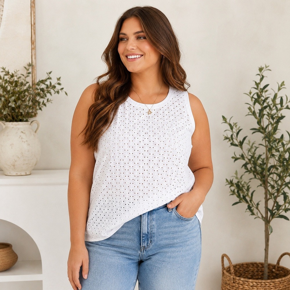 Liz Claiborne White Eyelet Tank Top Sleeveless Embroidered Boho Cottagecore 2X